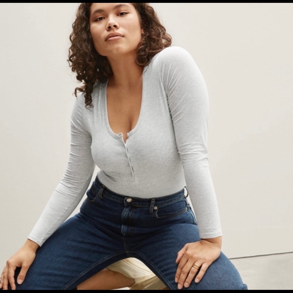 Everlane The Henley Bodysuit Light Heather Gray Long Sleeve